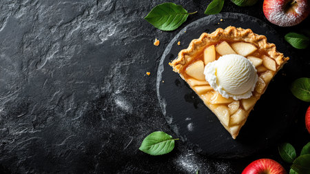 A delectable slice of apple pie topped with creamy ice cream, surrounded by fresh apples and green leaves, perfect for dessert lovers and food photography.の素材