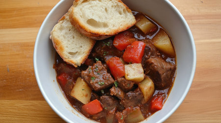 A warm bowl of hearty beef stew featuring tender meat, colorful vegetables, and a slice of fresh bread, perfect for a comforting meal on a chilly day.の素材