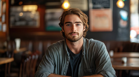 A young man sits in a cozy cafe, displaying a thoughtful expression. The warm ambiance and natural light create a serene atmosphere perfect for reflection.の素材