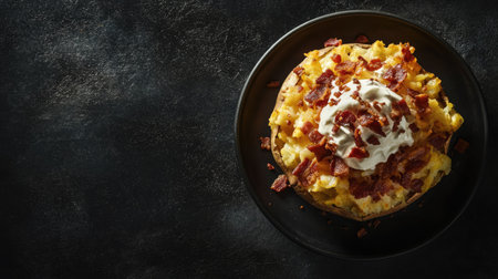 A mouthwatering loaded potato bake topped with crispy bacon and creamy dressing, perfect for lunch or dinner. A delightful blend of flavors and textures.の素材