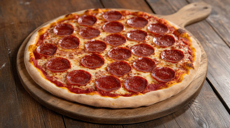 A mouthwatering pepperoni pizza rests on a wooden pizza board, showcasing a golden crust, melted cheese, and generous pepperoni slices. Perfect for any meal.の素材