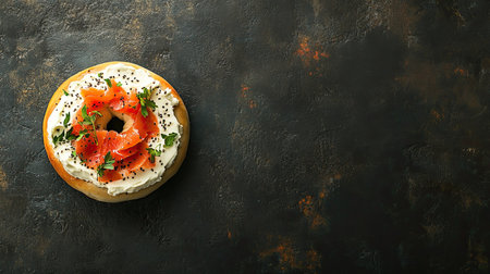 A fresh bagel topped with creamy cheese and smoked salmon garnished with herbs, set against a textured rustic surface, perfect for brunch or snack ideas.の素材