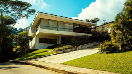 A striking modern minimalist house featuring expansive glass windows and lush greenery, peacefully situated on a sunny suburban hillside.の素材