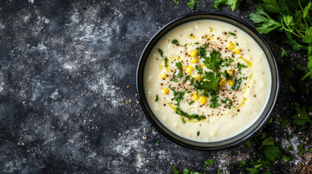 This image features creamy corn soup served in a black bowl, garnished with fresh herbs and spices. A perfect dish for comforting meals.の素材