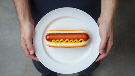 A freshly prepared hot dog topped with mustard is served on a classic white plate held in hands. This delicious snack is perfect for picnics and casual gatherings.の素材
