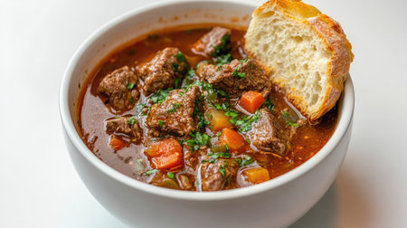 A warm bowl of hearty beef stew featuring tender meat, vibrant vegetables, and a crisp slice of bread. Perfect for cozy meals or gatherings.の素材