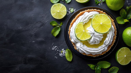 A delicious lime tart topped with fluffy whipped cream and fresh lime slices on a dark surface, perfect for summer gatherings and sweet indulgence.の素材