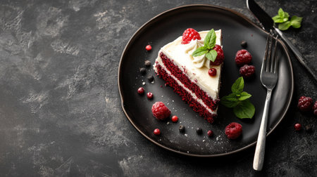 A tempting slice of red velvet cake adorned with fresh raspberries and mint leaves on a stylish plate. Perfect for any celebration or dessert table.の素材