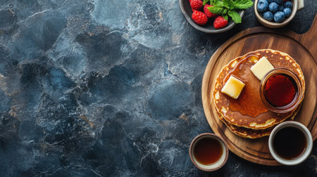 Enjoy a beautiful presentation of fluffy pancakes topped with butter and maple syrup, accompanied by fresh strawberries, blueberries, and mint leaves for a delightful breakfast experience.の素材