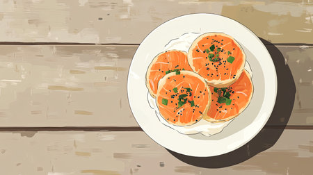 Top view of a New York-style bagel with cream cheese and lox. Copy space available.の素材