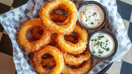 A delicious serving of crispy onion rings accompanied by two creamy dipping sauces, set on a stylish checkered table surface. Perfect for snacking.の素材