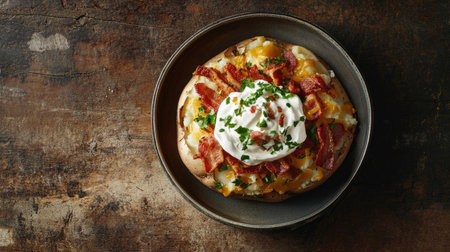 A mouthwatering loaded baked potato topped with melted cheese, crispy bacon, and fresh chives, served with a dollop of sour cream on a rustic wooden table.の素材