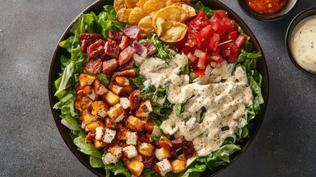 Top view of a Cobb salad with fresh ingredients and dressing. Copy space available.の素材