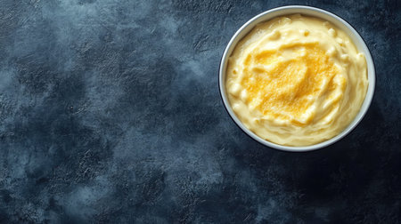 A bowl of creamy mashed potatoes sits on a dark textured background, showcasing its velvety smoothness and rich color. Perfect for culinary inspiration.の素材