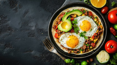 A vibrant breakfast dish featuring sunny-side-up eggs on a tortilla with avocado, tomatoes, and fresh herbs, showcasing colorful ingredients and a meal bursting with flavor.の素材