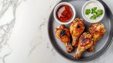 Delicious grilled chicken drumsticks served with sauces and fresh herbs on a stylish plate, perfect for any meal or gathering. Enjoy the rich flavor!の素材
