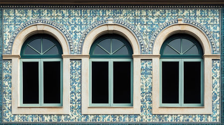 A stunning architectural facade featuring three arched windows, adorned with intricate blue tiles that create a vibrant and decorative appearance.の素材