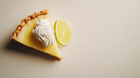 A tantalizing slice of lemon pie topped with whipped cream and accompanied by a fresh lemon wedge, ideal for dessert lovers seeking a refreshing treat.の素材