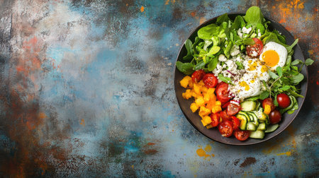 A vibrant salad bowl filled with greens, tomatoes, cucumber, and a perfectly cooked egg, set against a striking artistic background. Ideal for healthy food promotions.の素材