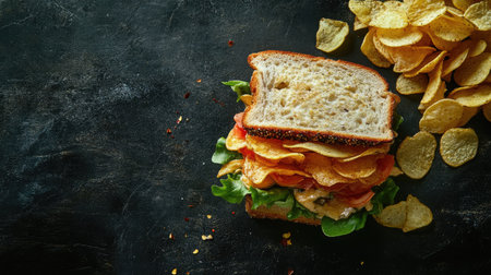 A vibrant sandwich layered with fresh ingredients, accompanied by crispy chips on a dark surface, perfect for lunch or a snack. Ideal for food enthusiasts.の素材