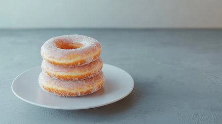 A close-up of three freshly baked donuts stacked on a white plate, featuring a sugary coating that enhances their appealing texture and flavor.の素材
