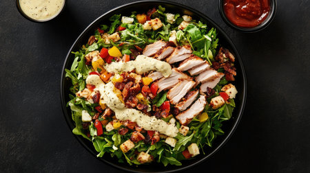 A vibrant salad featuring fresh grilled chicken strips over mixed greens, colorful vegetables, and a drizzle of creamy dressing, perfect for a healthy meal.の素材