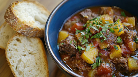 A delicious bowl of hearty beef stew with tender potatoes and fresh herbs, served alongside slices of rustic bread, perfect for a comforting meal.の素材