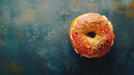 A vibrant glazed donut topped with bright pink frosting and colorful sprinkles sits on a textured dark surface. Perfect for dessert or breakfast imagery.の素材