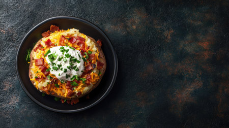 A mouthwatering loaded baked potato topped with crispy bacon, shredded cheese, and a dollop of sour cream, garnished with fresh herbs. Perfect for any meal.の素材