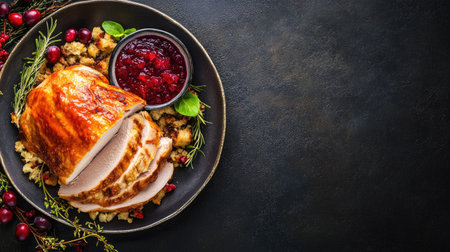 A beautifully presented platter featuring savory roast turkey, perfectly sliced and served with stuffing and a side of vibrant cranberry sauce, ideal for holiday gatherings.の素材