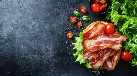 A mouth-watering composition featuring crispy bacon layered on fresh lettuce and ripe tomatoes, set against a dark, textured background, ideal for food-related content.の素材