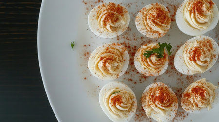 Top view of a platter of deviled eggs garnished with paprika. Copy space available.の素材