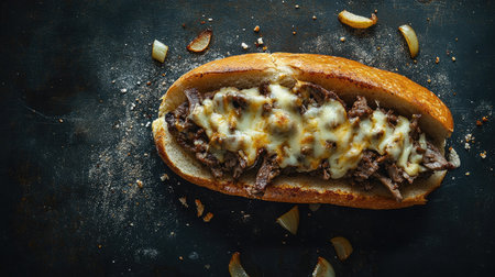 A savory meat sandwich overflowing with melted cheese and caramelized onions, beautifully presented on a rustic surface, ideal for food enthusiasts.の素材