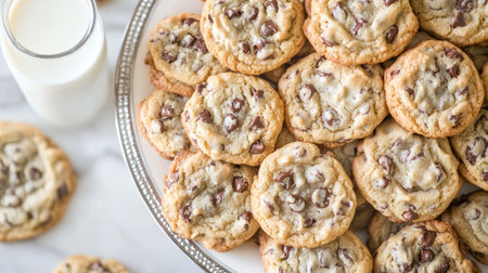 A delightful assortment of freshly baked chocolate chip cookies arranged artfully on a decorative platter, perfect for sharing with family and friends.の素材