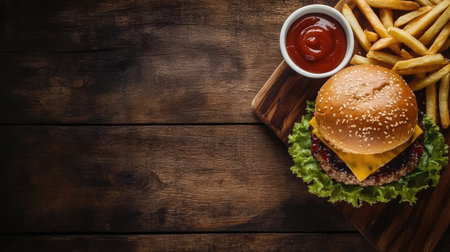 Enjoy a mouthwatering burger topped with cheese and crispy fries, beautifully presented on a wooden board, perfect for food lovers and gatherings.の素材