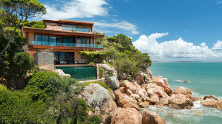 A breathtaking coastal villa perched on rocky cliffs, overlooking crystal clear waters. Ideal for vacationers seeking luxury and relaxation in stunning surroundings.の素材