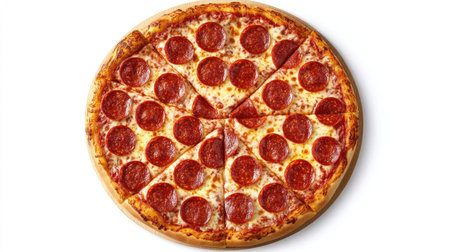 Enjoy a mouthwatering pepperoni pizza on a wooden platter with perfect slices ready for sharing. Ideal for meal occasions and food photography.の素材