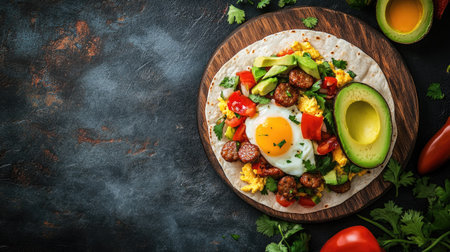 A vibrant breakfast burrito featuring a fried egg, sausage, avocado, and fresh vegetables on a rustic wooden plate. Perfect for a healthy morning meal!の素材