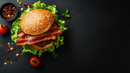 A mouthwatering bacon burger sits on crisp lettuce with ripe tomatoes. This rich dish is perfect for fast food lovers seeking delightful flavors.の素材