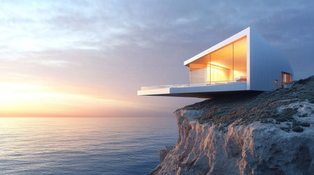 A stunning modern house sits gracefully on a cliff, offering breathtaking ocean views at sunset. Its sleek design and tranquil surroundings create a perfect retreat.の素材