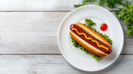 A tempting hot dog topped with mustard and ketchup rests on a crisp lettuce bed. This vibrant image on a white plate captures the essence of casual dining and summer delights.の素材