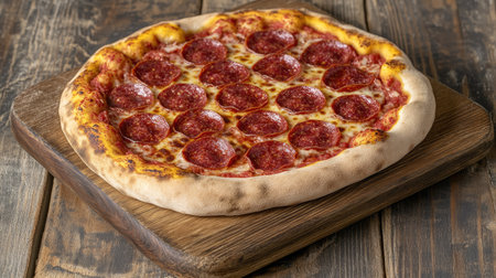 Enjoy a mouthwatering view of a fresh pepperoni pizza, perfectly baked with a golden crust and rich toppings, ideal for any food lover's delight.の素材