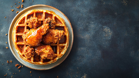 This appetizing image features crispy fried chicken on golden waffles, drizzled with warm syrup. A perfect blend of savory and sweet flavors ideal for breakfast or brunch.の素材