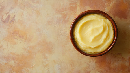 A rustic bowl filled with creamy mashed potato sits against a warm textured background, perfect for highlighting comfort food recipes and culinary delights.の素材