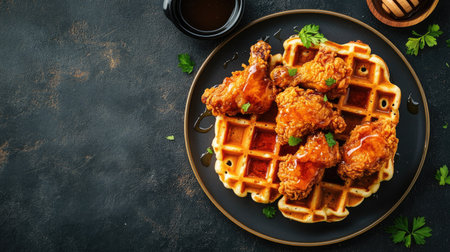 A mouthwatering plate features crispy fried chicken atop fluffy waffles, drizzled with syrup, garnished with fresh herbs, perfect for a hearty meal.の素材