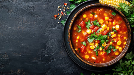 A vibrant vegetable soup featuring sweet corn and fresh parsley, ideal for a cozy meal. This wholesome dish showcases colorful ingredients in a rustic bowl.の素材