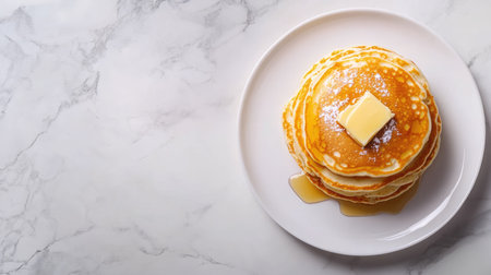 A delectable stack of fluffy pancakes topped with a pat of butter and drizzled with maple syrup presents an inviting breakfast option. Perfect for sharing!の素材