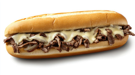 A mouthwatering cheesesteak sandwich featuring tender beef, melted cheese, and nestled in a soft hoagie roll. Perfect for lunch or a satisfying snack.の素材