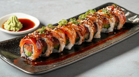 A beautifully arranged sushi roll served on a sleek black plate with wasabi and sauce. Perfect for showcasing Japanese cuisine in a delightful setting.の素材