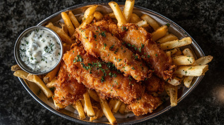 A tempting plate of crispy fried fish fillets served with golden French fries and a side of dipping sauce, perfect for satisfying your cravings.の素材